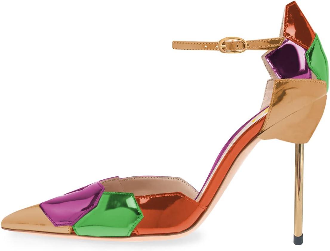 imageFSJ Women Stiletto High Heels DOrsay Pumps Pointed Closed Point Toe Ankle Strap Office Dress Shoes Size 415 M USMulticolor Gold