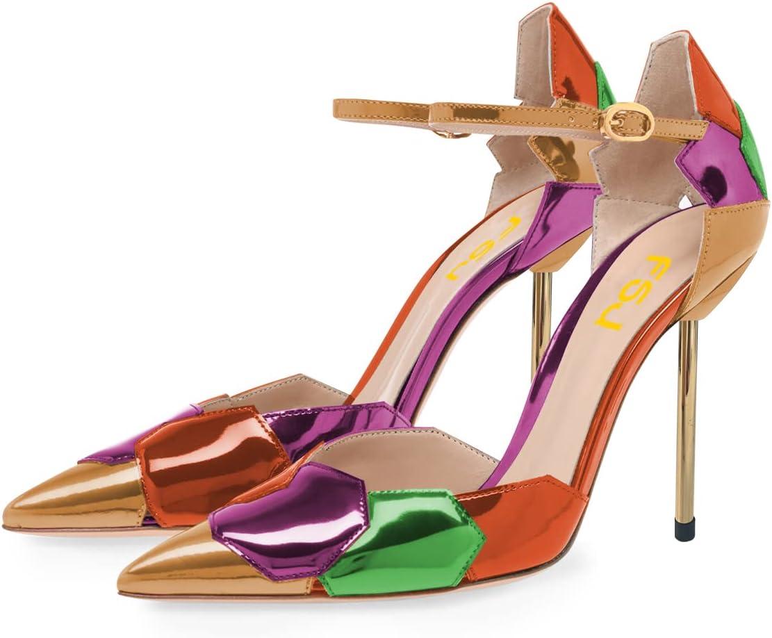 imageFSJ Women Stiletto High Heels DOrsay Pumps Pointed Closed Point Toe Ankle Strap Office Dress Shoes Size 415 M USMulticolor Gold