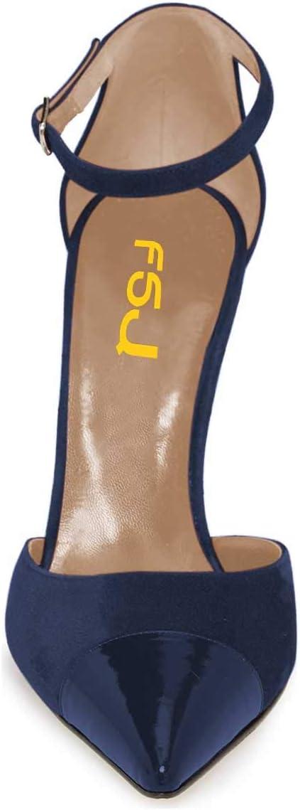 imageFSJ Women Stiletto High Heels DOrsay Pumps Pointed Closed Point Toe Ankle Strap Office Dress Shoes Size 415 M USNavy Blue