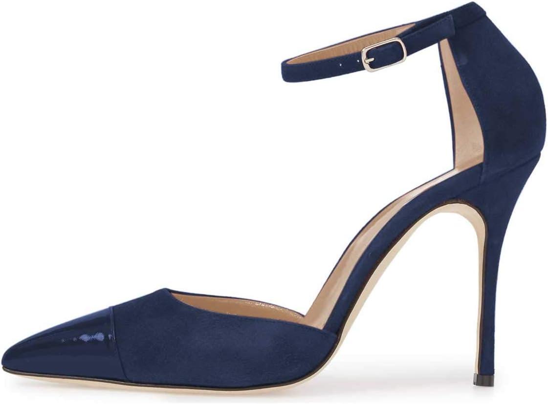 imageFSJ Women Stiletto High Heels DOrsay Pumps Pointed Closed Point Toe Ankle Strap Office Dress Shoes Size 415 M USNavy Blue