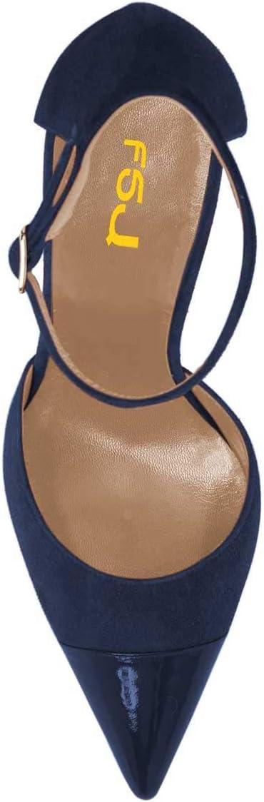 imageFSJ Women Stiletto High Heels DOrsay Pumps Pointed Closed Point Toe Ankle Strap Office Dress Shoes Size 415 M USNavy Blue