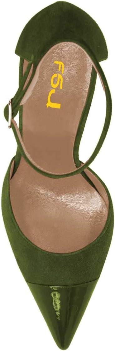 imageFSJ Women Stiletto High Heels DOrsay Pumps Pointed Closed Point Toe Ankle Strap Office Dress Shoes Size 415 M USOlive Green
