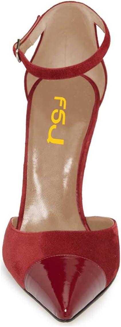 imageFSJ Women Stiletto High Heels DOrsay Pumps Pointed Closed Point Toe Ankle Strap Office Dress Shoes Size 415 M USRed