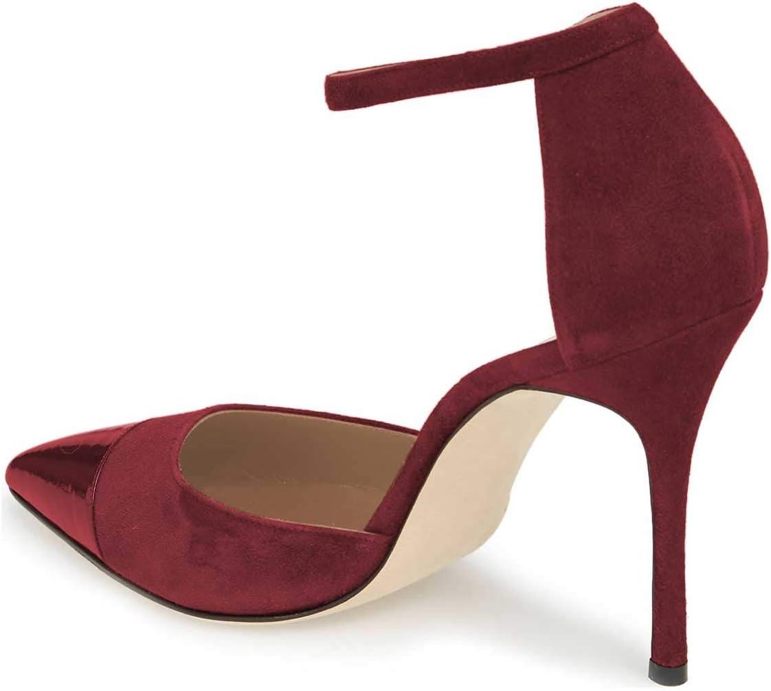 imageFSJ Women Stiletto High Heels DOrsay Pumps Pointed Closed Point Toe Ankle Strap Office Dress Shoes Size 415 M USWine Red