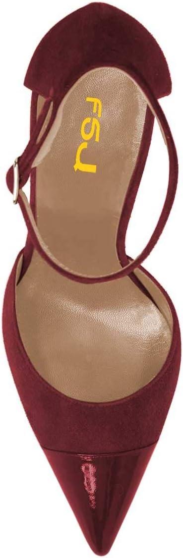 imageFSJ Women Stiletto High Heels DOrsay Pumps Pointed Closed Point Toe Ankle Strap Office Dress Shoes Size 415 M USWine Red