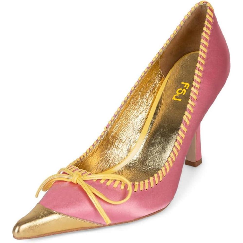 imageFSJ Women Chic Bow Pumps Cap Toe Stiletto Slip On Sexy Color Matching Pointed Toe High Heels Fashion Dress Shoes Size 416 USPink