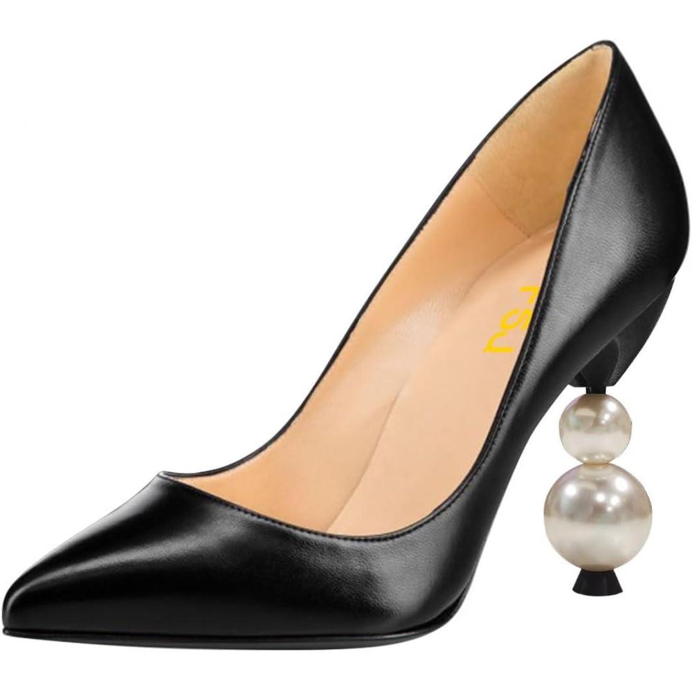 imageFSJ Women Classic Pearls Heel Pumps Pointed Toe Slip On High Heel 9cm Glossy Leather Ladies Office Party Pump Shoes Size 416 USBlack Matte Leather