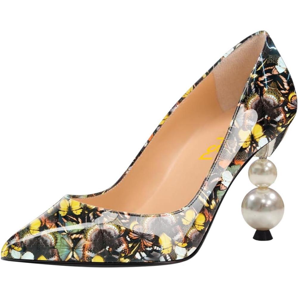 imageFSJ Women Classic Pearls Heel Pumps Pointed Toe Slip On High Heel 9cm Glossy Leather Ladies Office Party Pump Shoes Size 416 USButterfly