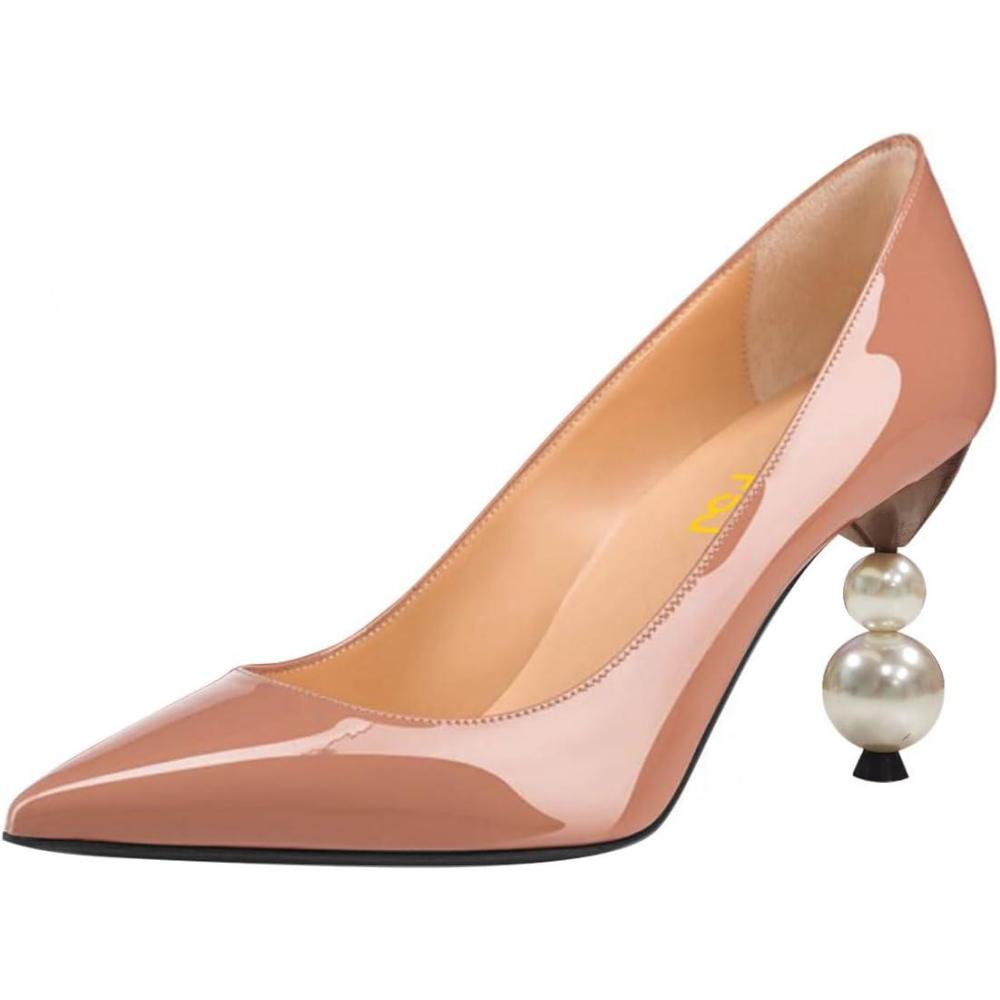 imageFSJ Women Classic Pearls Heel Pumps Pointed Toe Slip On High Heel 9cm Glossy Leather Ladies Office Party Pump Shoes Size 416 USNude