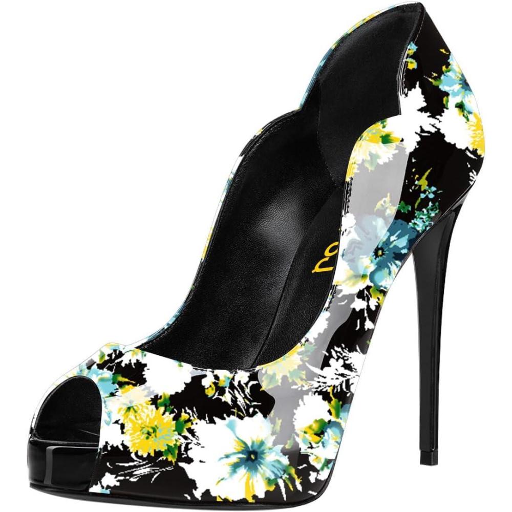 imageFSJ Women Classic Peep Toe Platform Pumps Sexy Stiletto High Heels Slip On Patent Leather Basic Pumps Wedding Party Dress Shoes Size 416 USWildflower