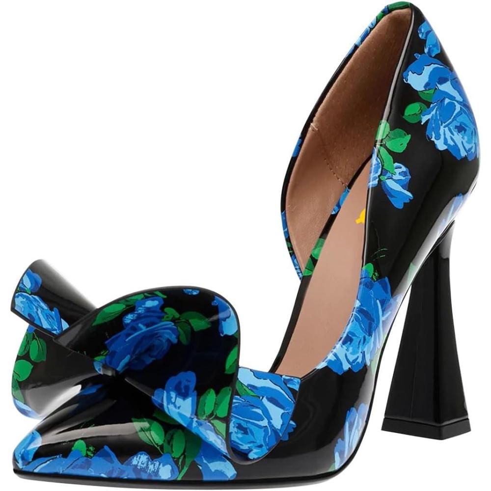 imageFSJ Women Cute Bow Closed Toe Chunky High Heels Slip On Glitter DOrsay Pumps Bridal Wedding Banquet Outfit Shoes Size 415 USFlower Print