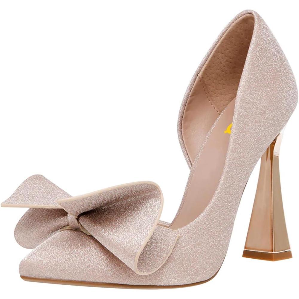 imageFSJ Women Cute Bow Closed Toe Chunky High Heels Slip On Glitter DOrsay Pumps Bridal Wedding Banquet Outfit Shoes Size 415 USPink