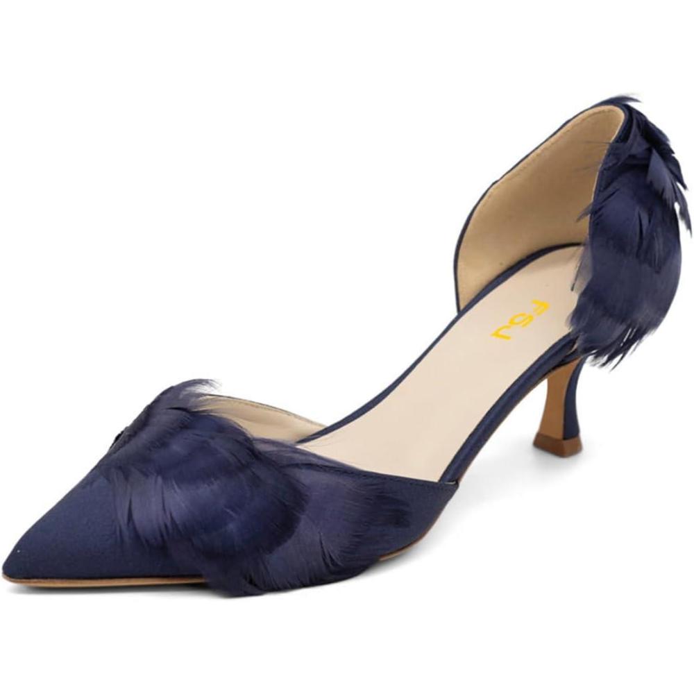imageFSJ Women DOrsay Kitten Low Heels Pumps Closed Pointed Toe Comfort SlipOn Feather Sandals Ladies Work Party Satin Dress Shoes Size 416 USBlue