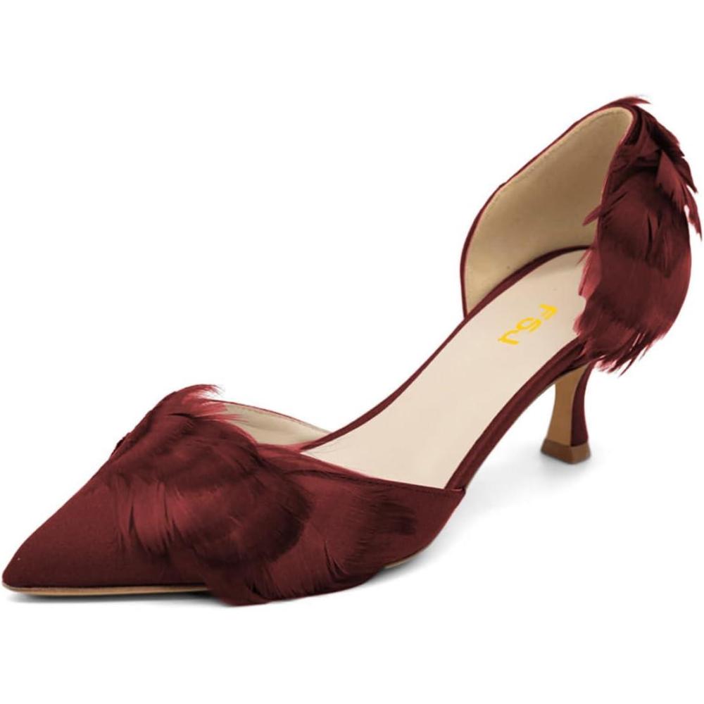imageFSJ Women DOrsay Kitten Low Heels Pumps Closed Pointed Toe Comfort SlipOn Feather Sandals Ladies Work Party Satin Dress Shoes Size 416 USRed