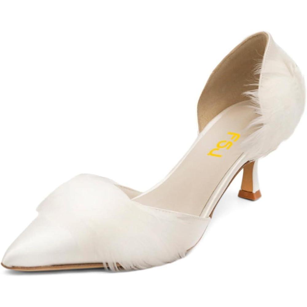 imageFSJ Women DOrsay Kitten Low Heels Pumps Closed Pointed Toe Comfort SlipOn Feather Sandals Ladies Work Party Satin Dress Shoes Size 416 USWhite