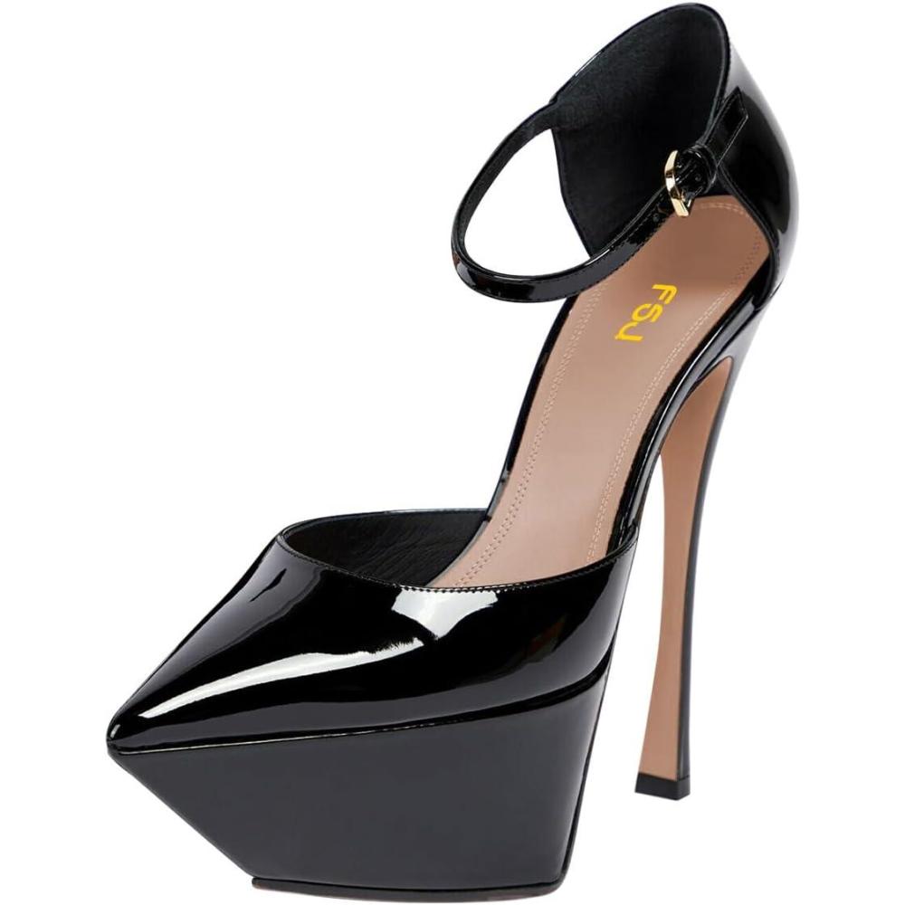 imageFSJ Women Elegant Platform Stiletto Heel Ankle Strap Pumps Pointed Toe Stunning High Heel Sexy Party Wedding Dress Shoes Size 416 USBlack
