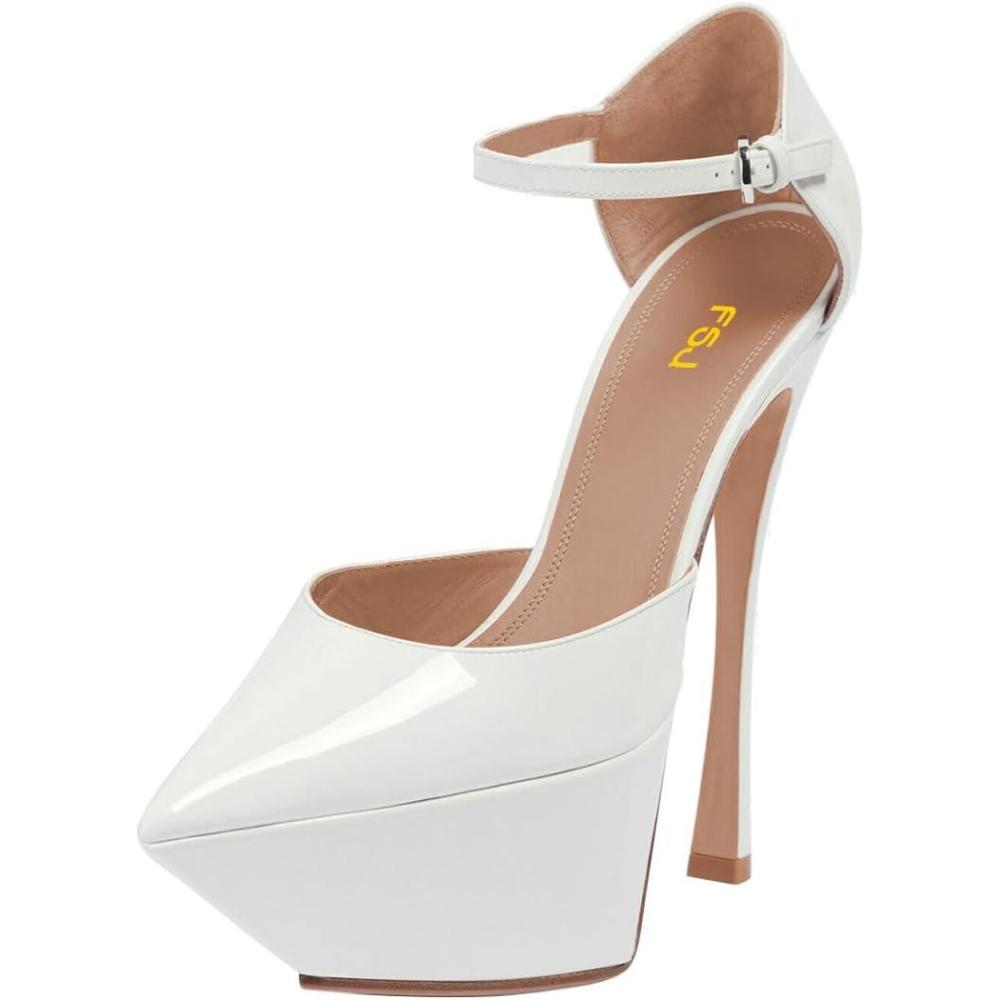 imageFSJ Women Elegant Platform Stiletto Heel Ankle Strap Pumps Pointed Toe Stunning High Heel Sexy Party Wedding Dress Shoes Size 416 USWhite