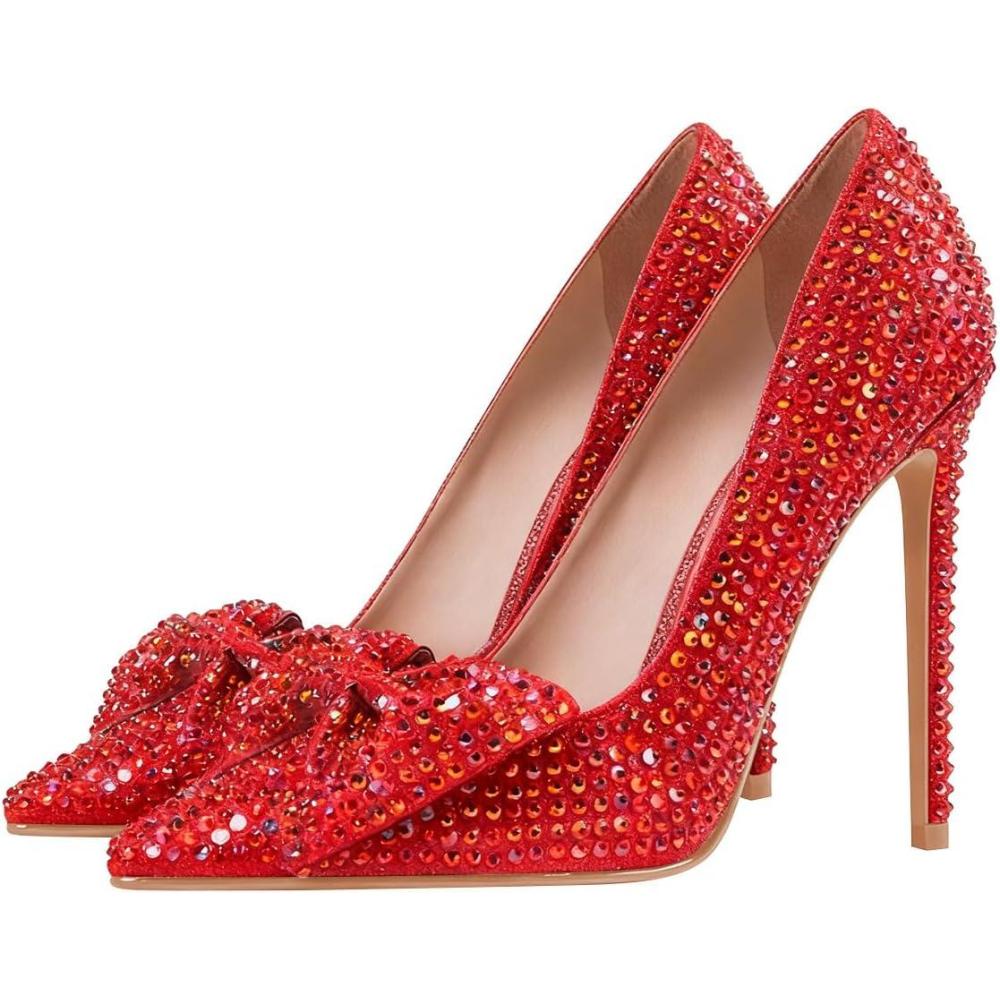 imageFSJ Women Fashion Pointed Toe Glitter Rhinestone High Heel Wedding Pump Sexy Slip On Stiletto Party Sparkly Prom Dress Shoe with Cute Bowknot Size 415 USRed