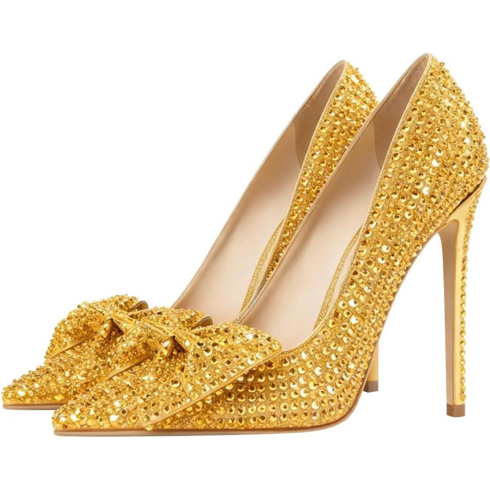 imageFSJ Women Fashion Pointed Toe Glitter Rhinestone High Heel Wedding Pump Sexy Slip On Stiletto Party Sparkly Prom Dress Shoe with Cute Bowknot Size 415 USGold