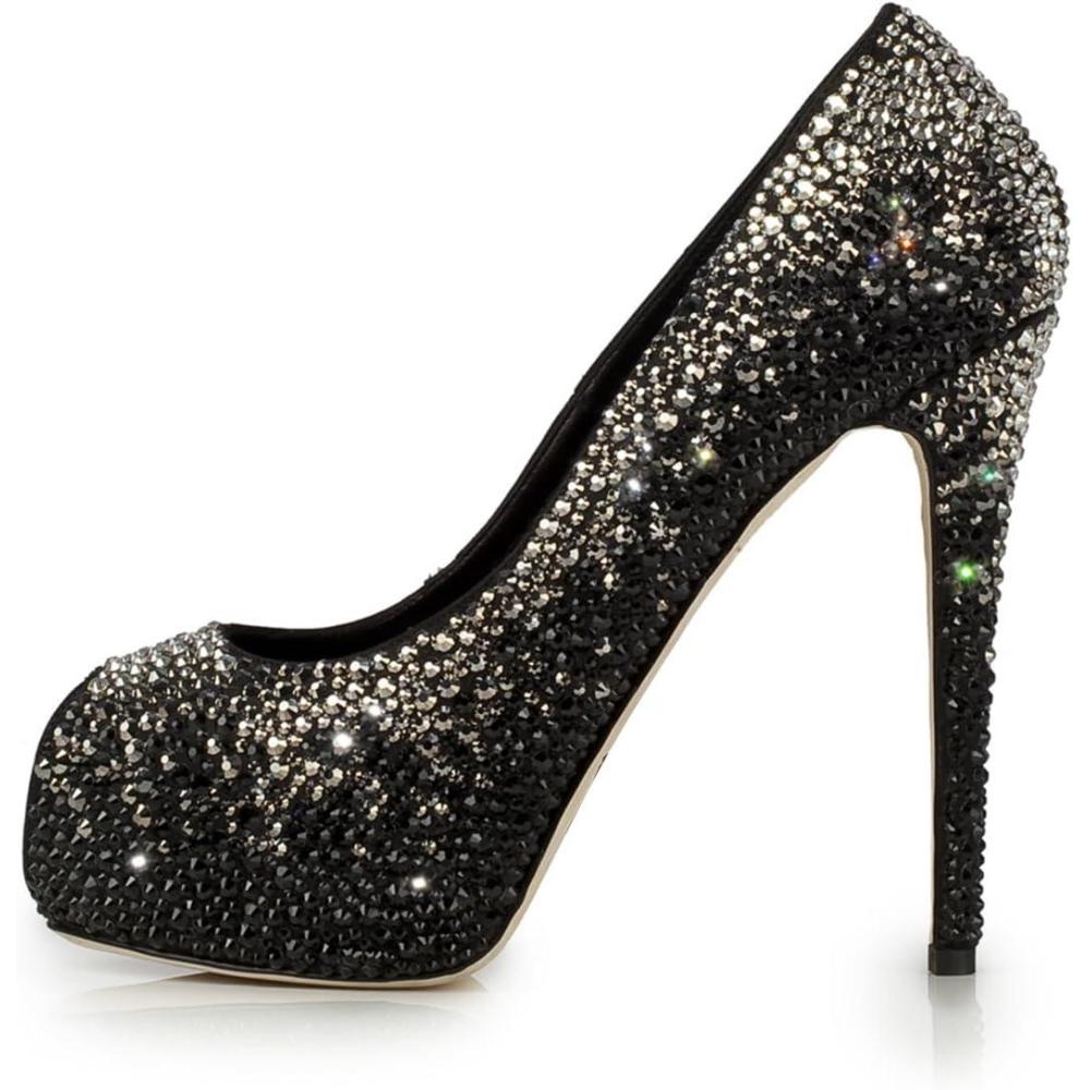 imageFSJ Women Full Rhinestone Platform Pumps Peep Toe Stiletto Sexy Slip On High Heels Party Club Wedding Prom Shoes Size 415 USDeep Black