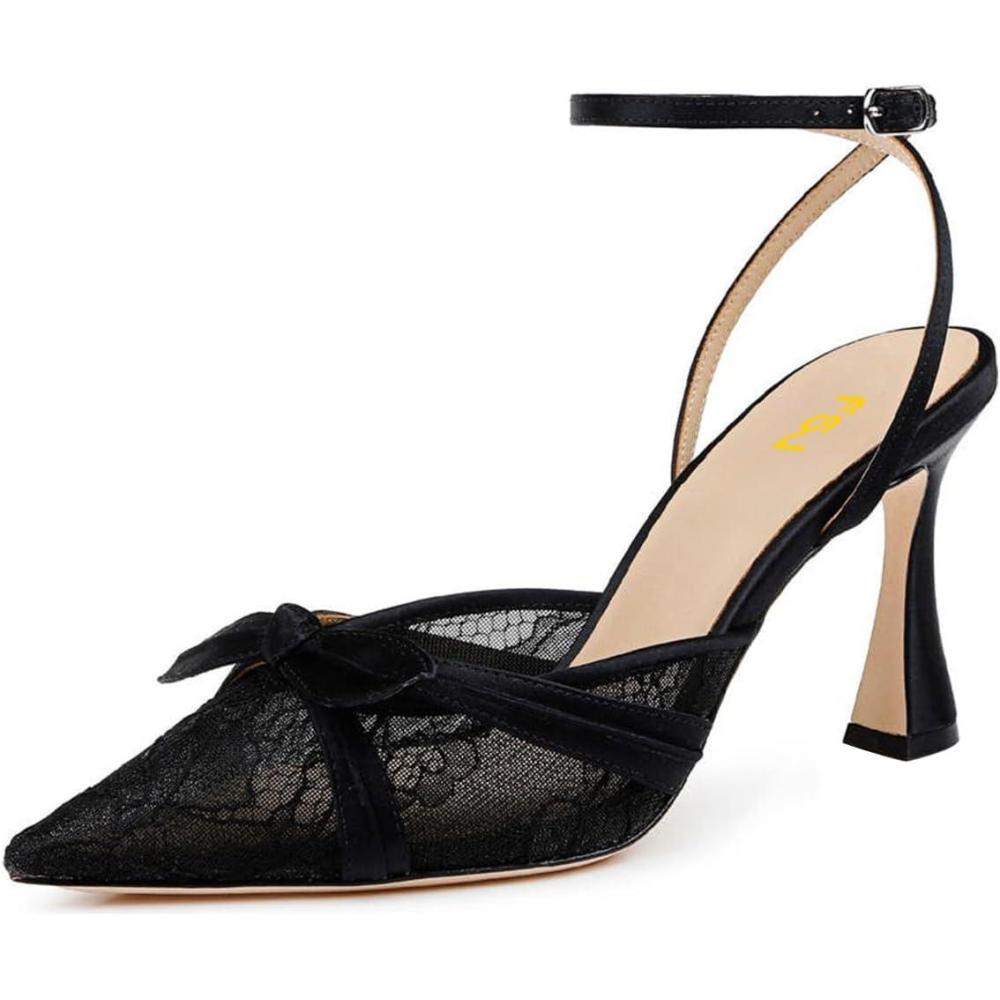 imageFSJ Women Lace High Heel Bowknot Closed Pointed Toe Pumps Ankle Strap DOrsay Heeled Sandals Wedding Bridal Satin Shoes Size 416 USBlack