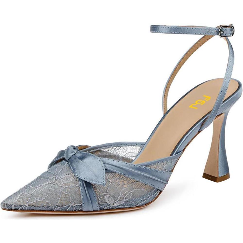 imageFSJ Women Lace High Heel Bowknot Closed Pointed Toe Pumps Ankle Strap DOrsay Heeled Sandals Wedding Bridal Satin Shoes Size 416 USBlue