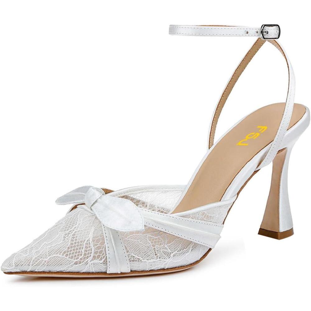 imageFSJ Women Lace High Heel Bowknot Closed Pointed Toe Pumps Ankle Strap DOrsay Heeled Sandals Wedding Bridal Satin Shoes Size 416 USWhite