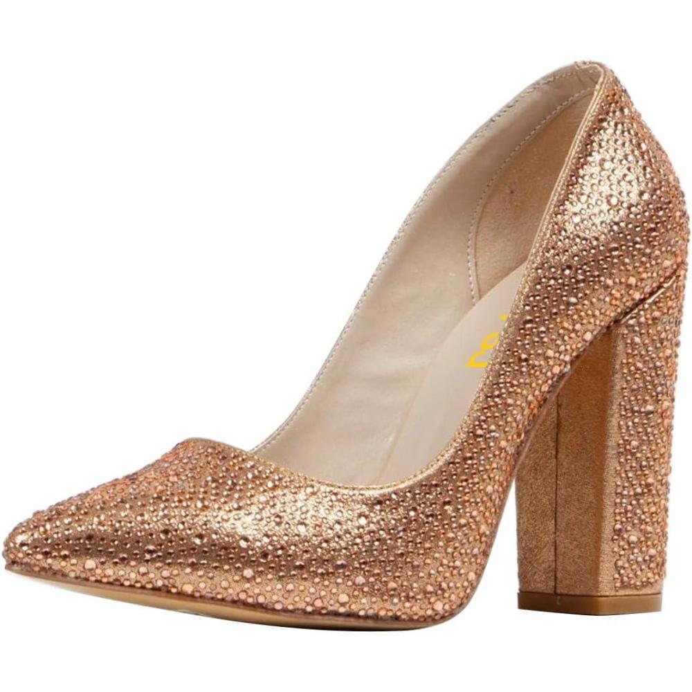 imageFSJ Women Luxury Pearl Studded Pointed Toe Pumps Chunky Block High Heel Sparkly Rhinestone Embellished Slip On Wedding Party Formal Event Shoes Size 416 USRose Gold