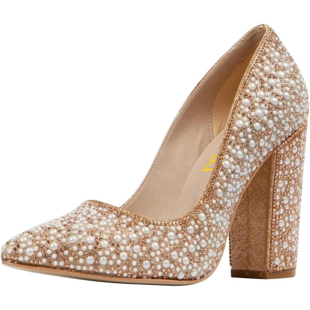 imageFSJ Women Luxury Pearl Studded Pointed Toe Pumps Chunky Block High Heel Sparkly Rhinestone Embellished Slip On Wedding Party Formal Event Shoes Size 416 USRose Gold Pearls