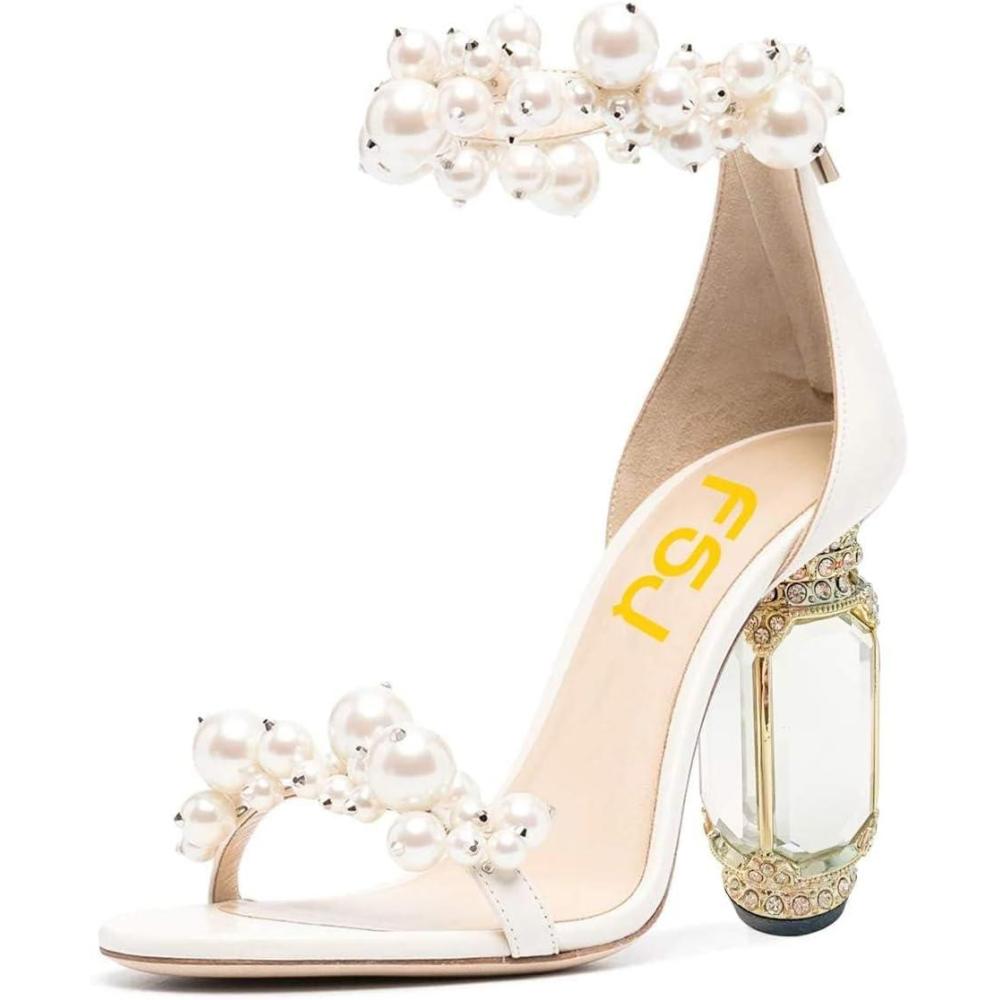 imageFSJ Women Open Toe Stylish Sandals Ankle Strap Chunky Block High Thick Heels Wedding Party Ballroom Shoes Size 415 USIvory