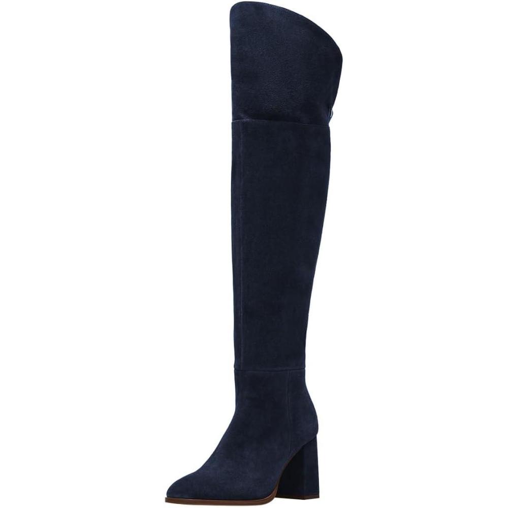 imageFSJ Women OverTheKnee Boots Round Toe Thigh High Chunky Heel Suede Pullon Long Stretch Sexy Winter Shoes Size 416 USNavy Blue