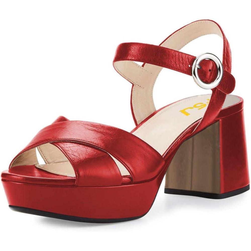 imageFSJ Women Peep Toe Chunky High Heels Platform Sandals Ankle Strap Velvet ampamp Suede Summer Dress Wedding Prom Shoes Size 415 USRed Leather