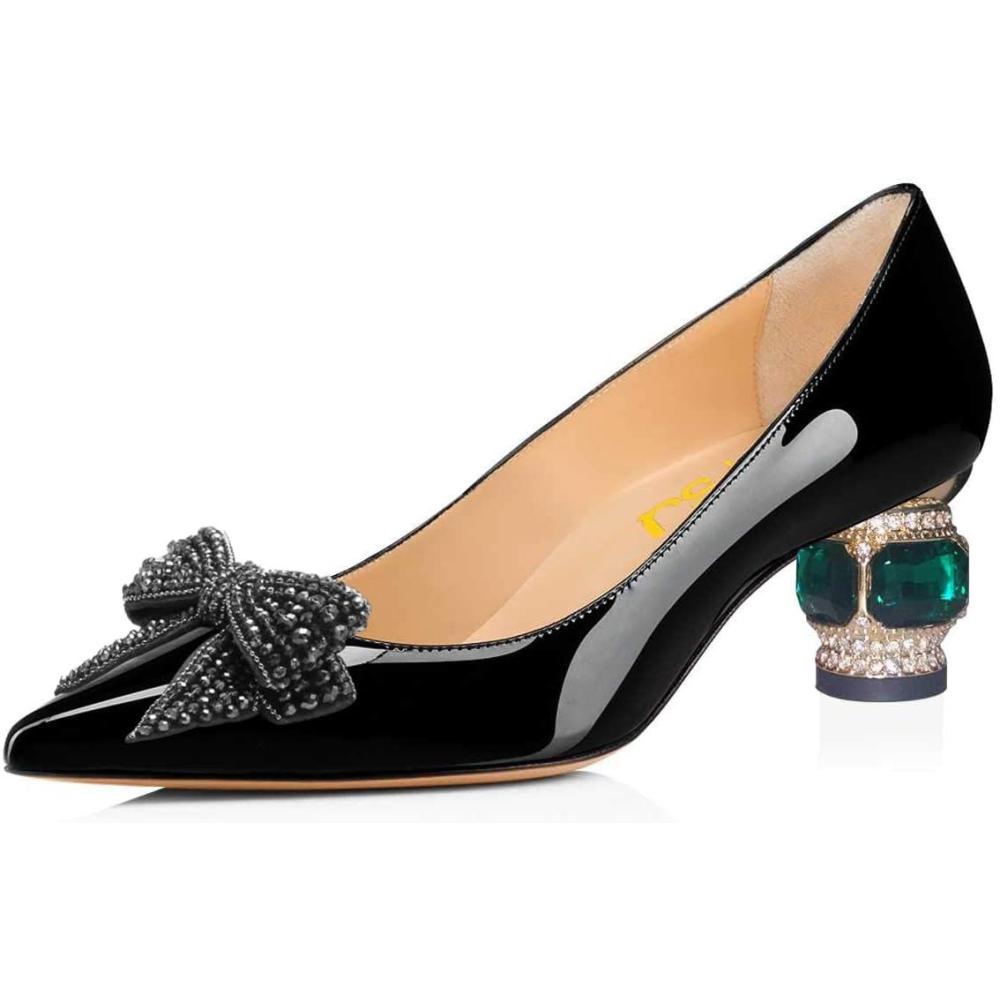 imageFSJ Women Pointed Toe Crystal Pump Rhinestone Bow Block Low Heel Slip On Comfy Date Shoes Size 416 USBlack