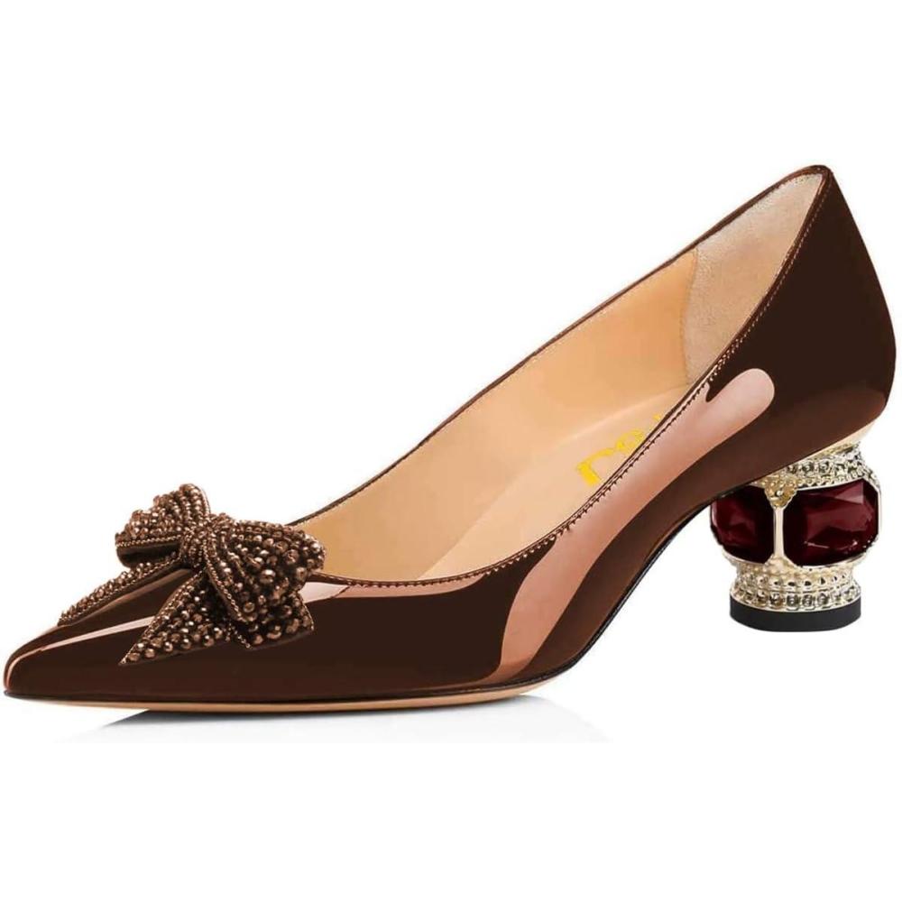imageFSJ Women Pointed Toe Crystal Pump Rhinestone Bow Block Low Heel Slip On Comfy Date Shoes Size 416 USBrown