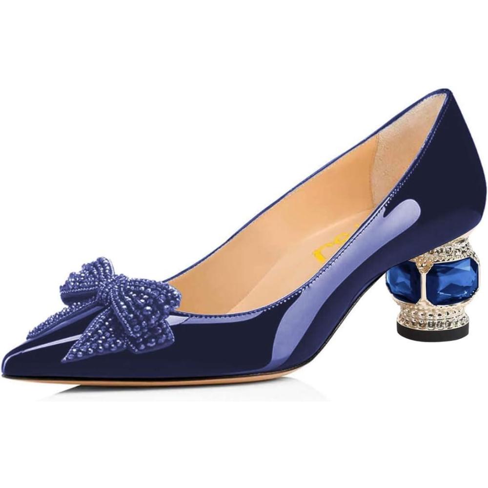 imageFSJ Women Pointed Toe Crystal Pump Rhinestone Bow Block Low Heel Slip On Comfy Date Shoes Size 416 USDark Blue