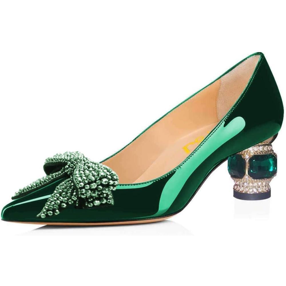 imageFSJ Women Pointed Toe Crystal Pump Rhinestone Bow Block Low Heel Slip On Comfy Date Shoes Size 416 USGreen