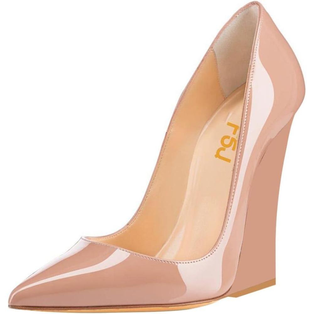 imageFSJ Women Pointed Toe Wedges High Heel Pumps Sexy Slip On Formal Closed Toe Wedding Party Evening Dress Shoes Size 416 USNude