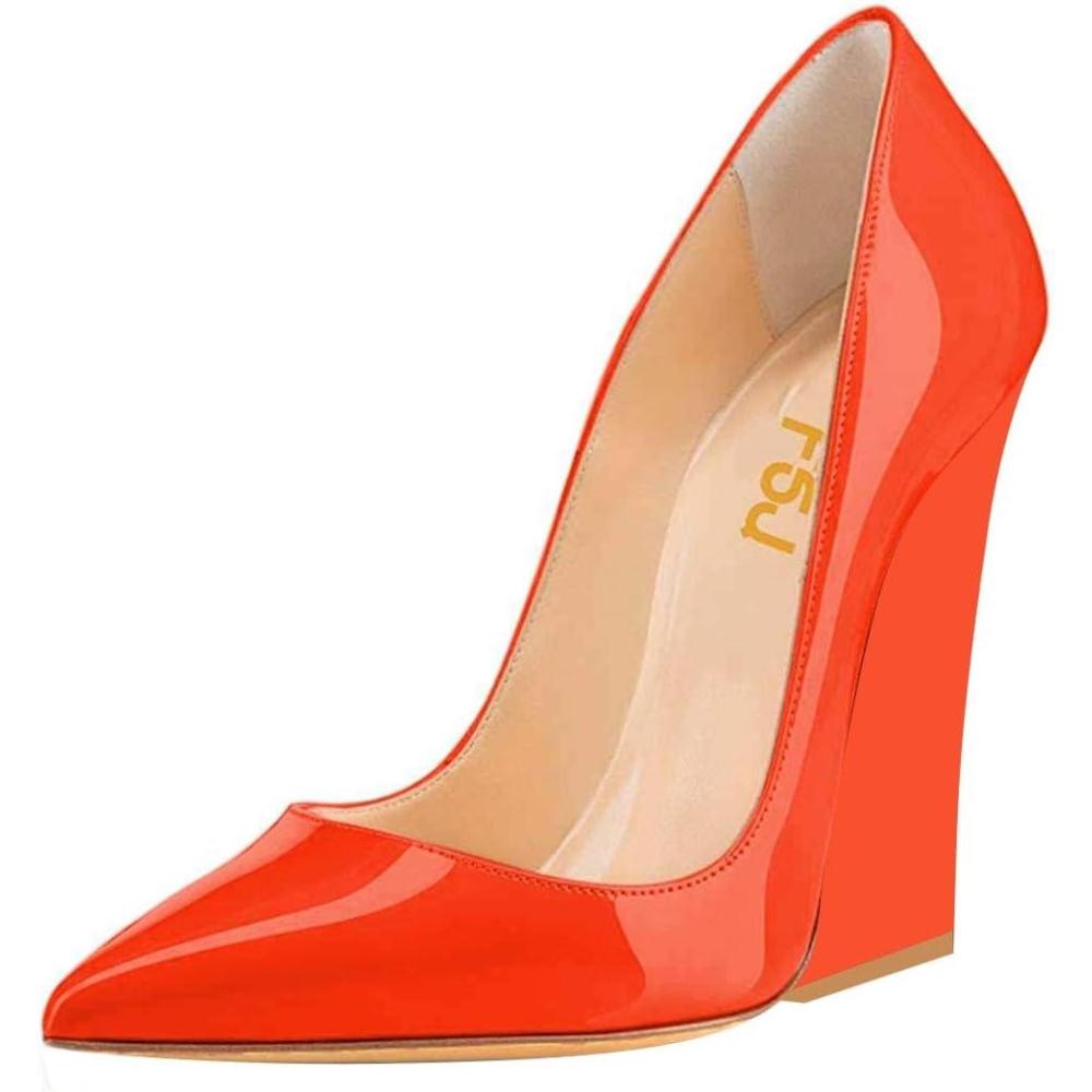 imageFSJ Women Pointed Toe Wedges High Heel Pumps Sexy Slip On Formal Closed Toe Wedding Party Evening Dress Shoes Size 416 USOrange