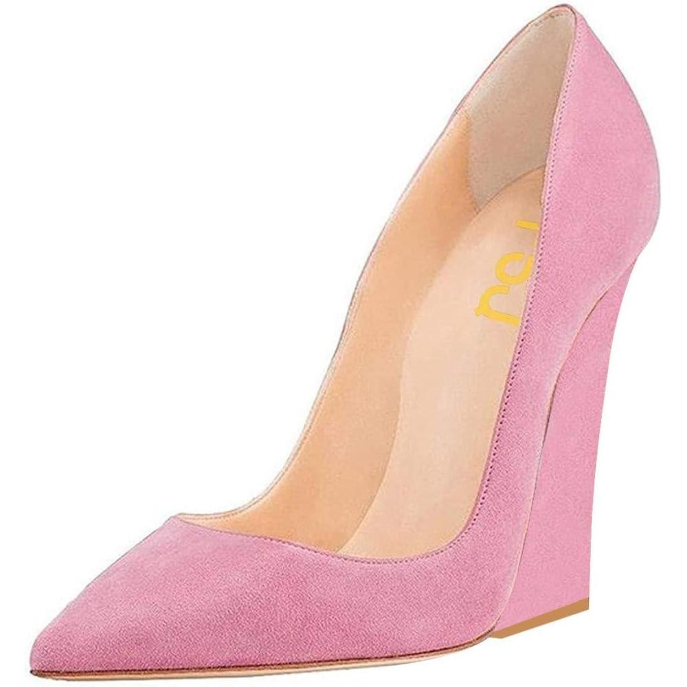 imageFSJ Women Pointed Toe Wedges High Heel Pumps Sexy Slip On Formal Closed Toe Wedding Party Evening Dress Shoes Size 416 USPink Suede