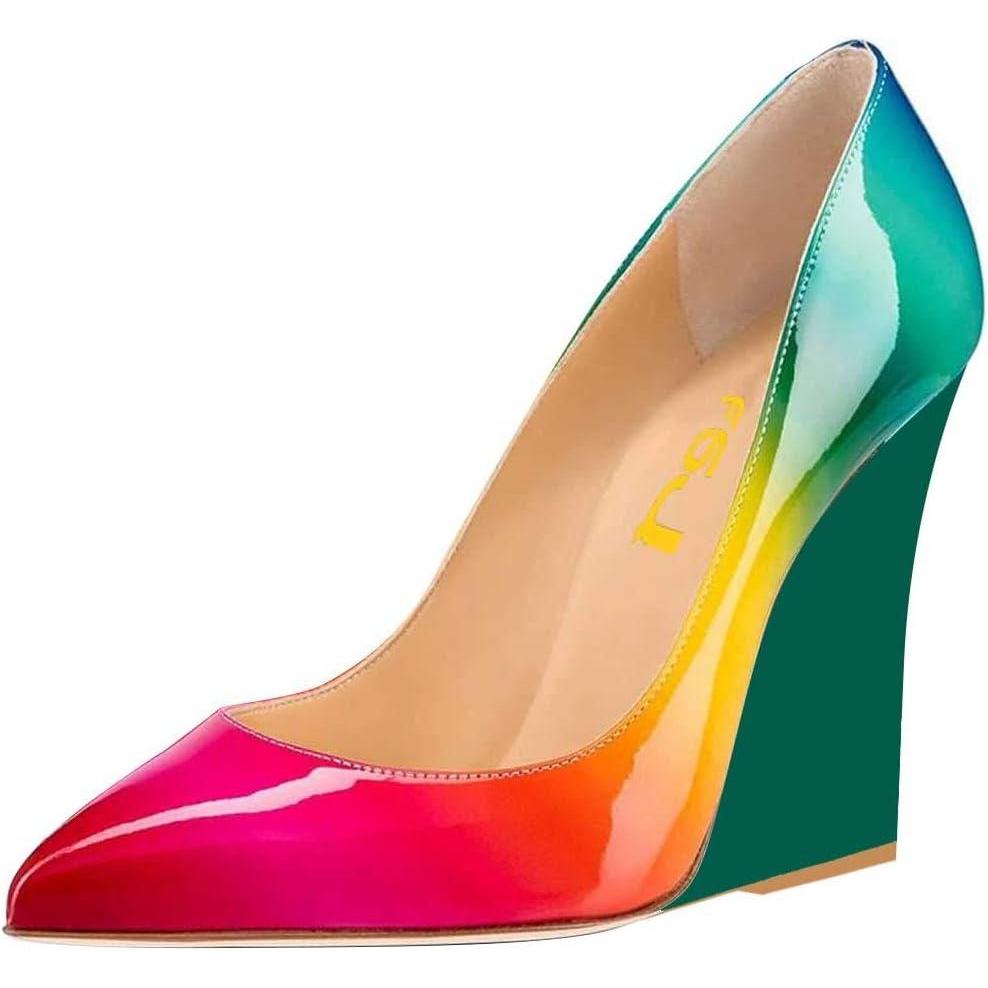 imageFSJ Women Pointed Toe Wedges High Heel Pumps Sexy Slip On Formal Closed Toe Wedding Party Evening Dress Shoes Size 416 USRainbow