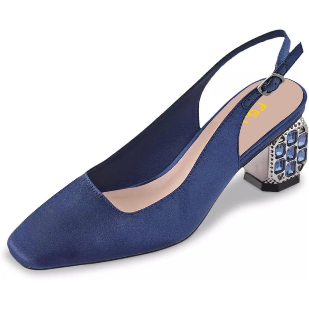 imageFSJ Women Slingback Mid Chunky Heels Pumps Closed Square Toe Crystal Block Wedding Office Work Shoes Size 416 USBlue
