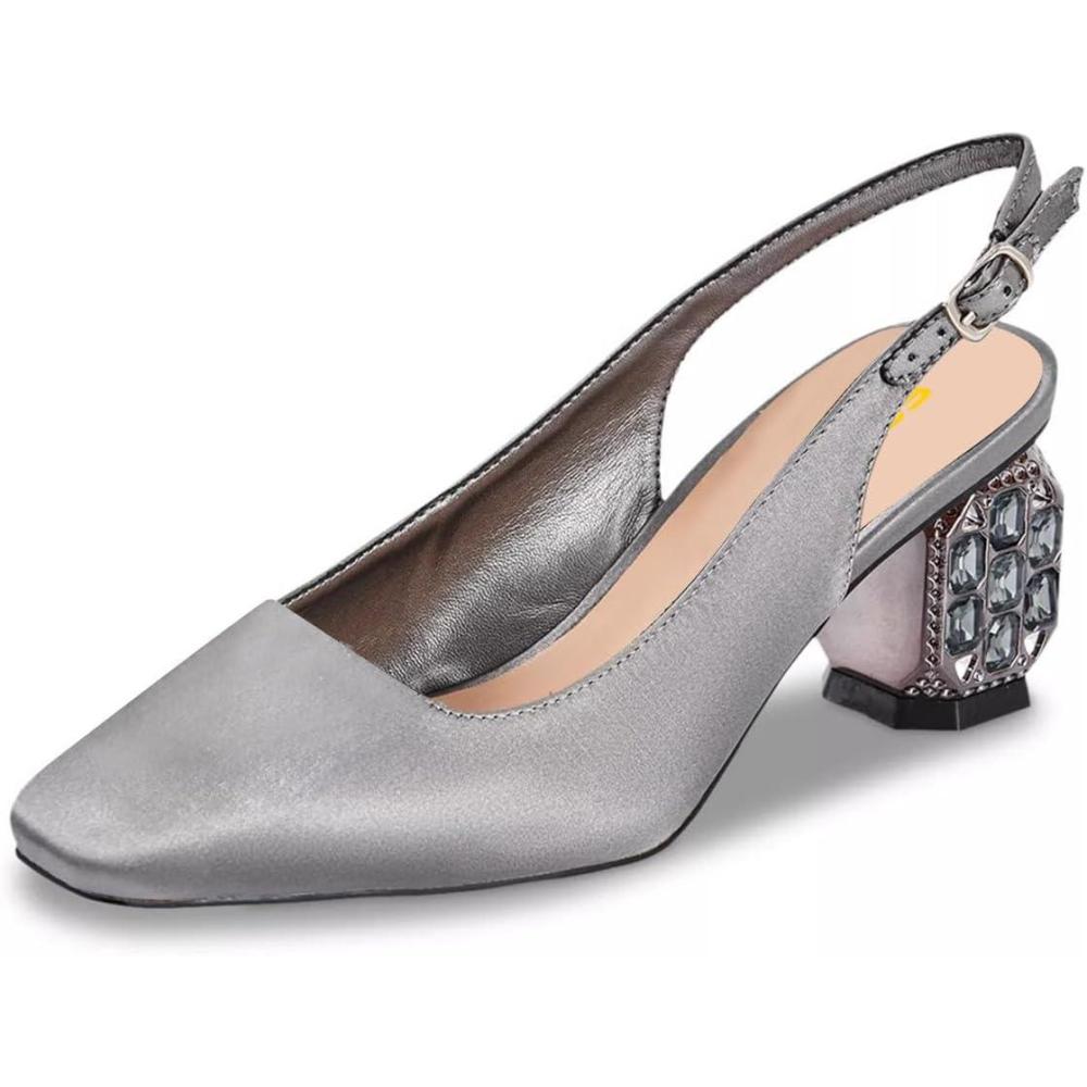 imageFSJ Women Slingback Mid Chunky Heels Pumps Closed Square Toe Crystal Block Wedding Office Work Shoes Size 416 USGrey