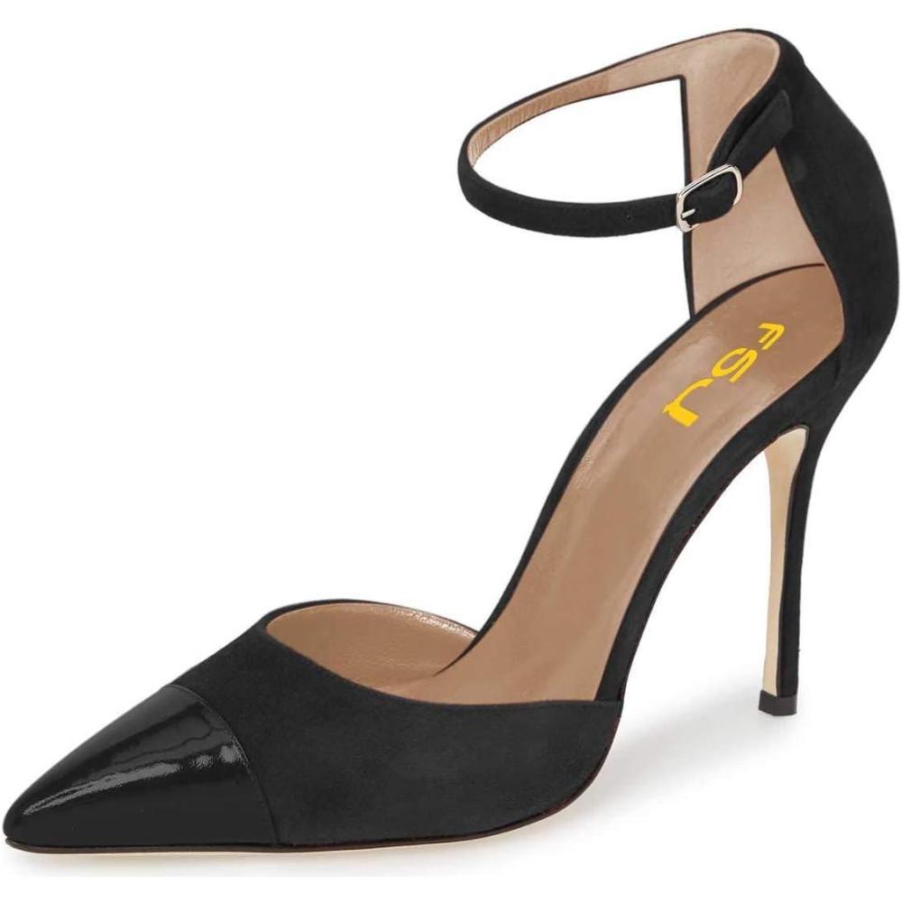 imageFSJ Women Stiletto High Heels DOrsay Pumps Pointed Closed Point Toe Ankle Strap Office Dress Shoes Size 415 M USBlack Suede