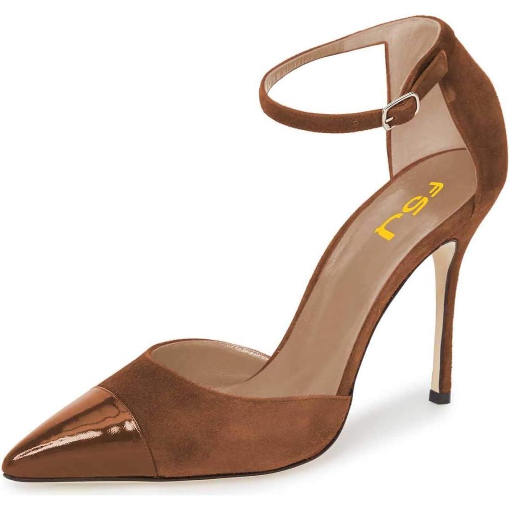 imageFSJ Women Stiletto High Heels DOrsay Pumps Pointed Closed Point Toe Ankle Strap Office Dress Shoes Size 415 M USBrown