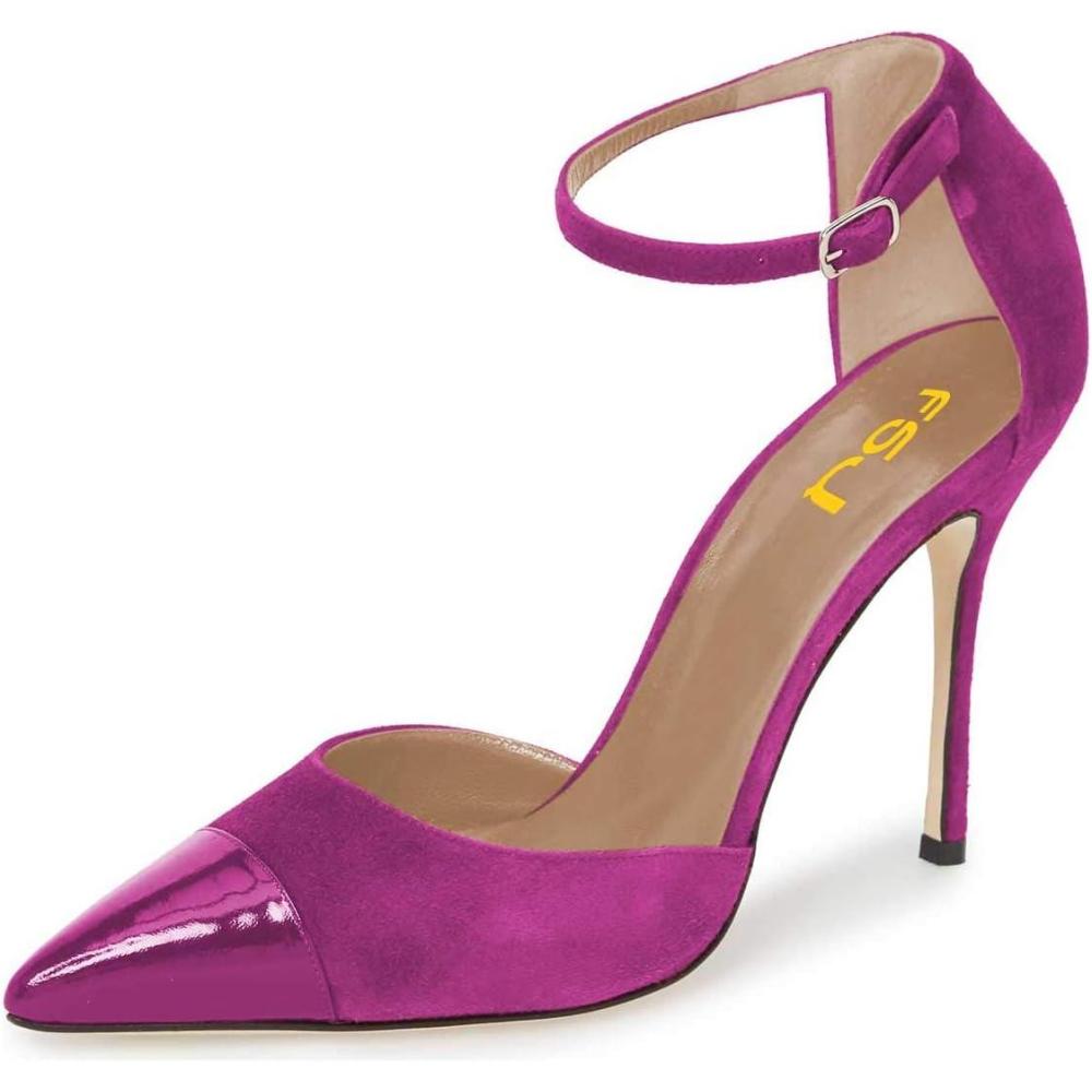 imageFSJ Women Stiletto High Heels DOrsay Pumps Pointed Closed Point Toe Ankle Strap Office Dress Shoes Size 415 M USFuchsia