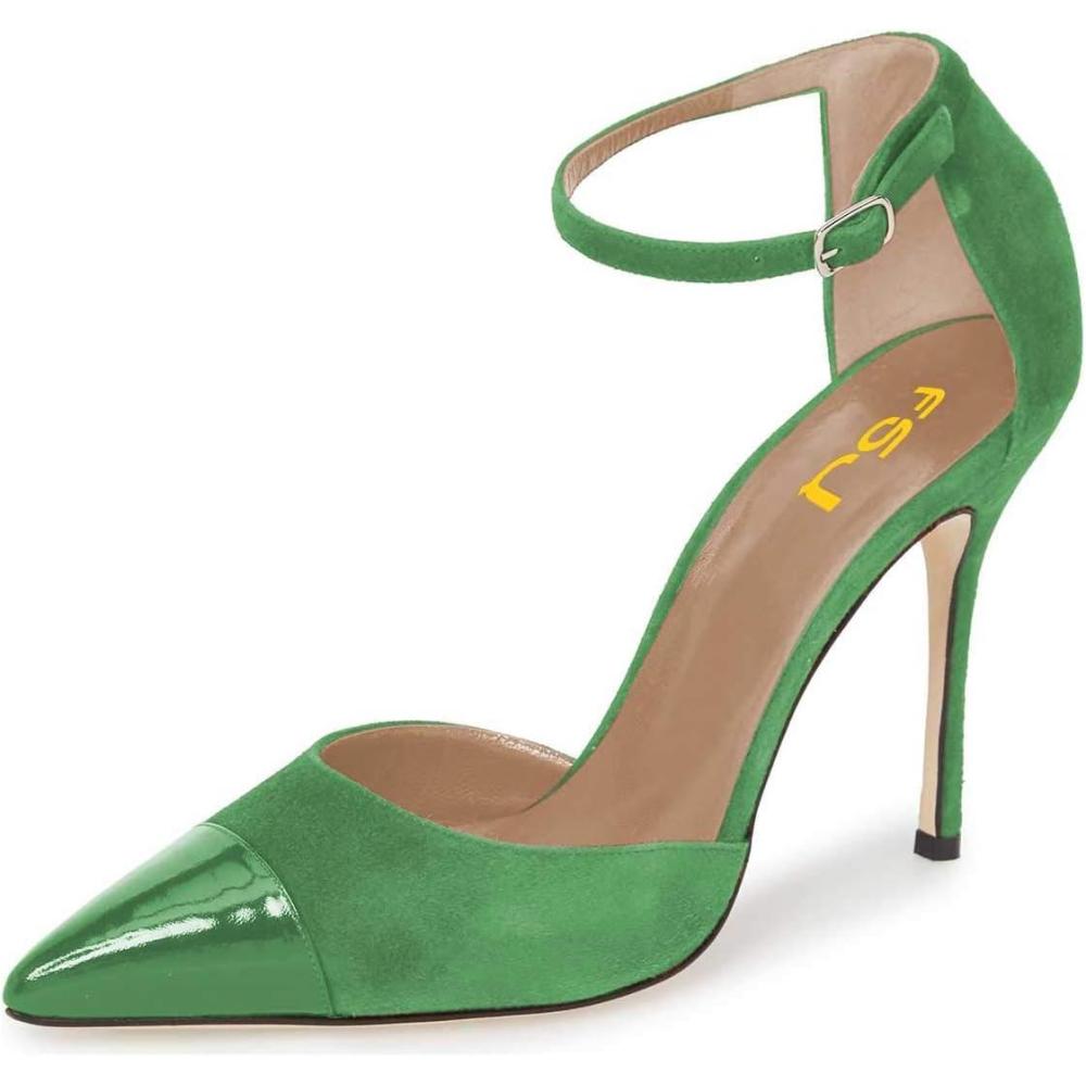 imageFSJ Women Stiletto High Heels DOrsay Pumps Pointed Closed Point Toe Ankle Strap Office Dress Shoes Size 415 M USGreen