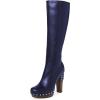 imageFSJ Women Stylish Platform KneeHigh Boots Studded Wooden Chunky High Heel Round Toe Long Boots Side Zipper Evening Party Shoes Size 416 USBlue