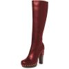 imageFSJ Women Stylish Platform KneeHigh Boots Studded Wooden Chunky High Heel Round Toe Long Boots Side Zipper Evening Party Shoes Size 416 USRed