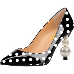 imageFSJ Women Classic Pearls Heel Pumps Pointed Toe Slip On High Heel 9cm Glossy Leather Ladies Office Party Pump Shoes Size 416 USBlack and White Dots