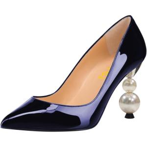 imageFSJ Women Classic Pearls Heel Pumps Pointed Toe Slip On High Heel 9cm Glossy Leather Ladies Office Party Pump Shoes Size 416 USBlue